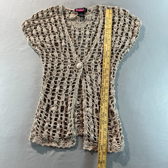 Say What? XS Tan Crochet Knit Open Cardigan Vest Boho Festival Layering Top - Picture 6 of 9